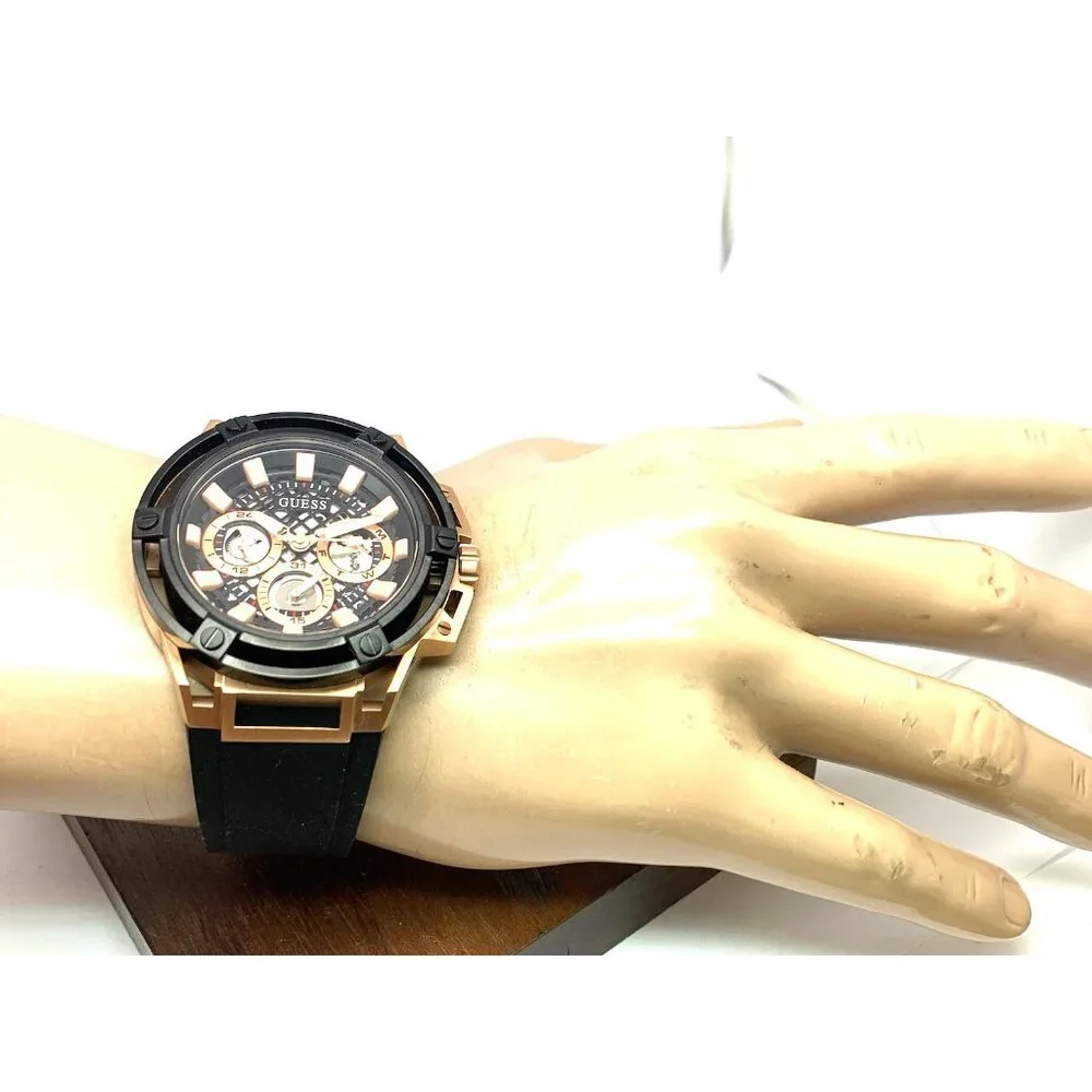 Guess Men's Watch GW0423G5 Quartz Black Rose Gold Rubber Strap 47mm